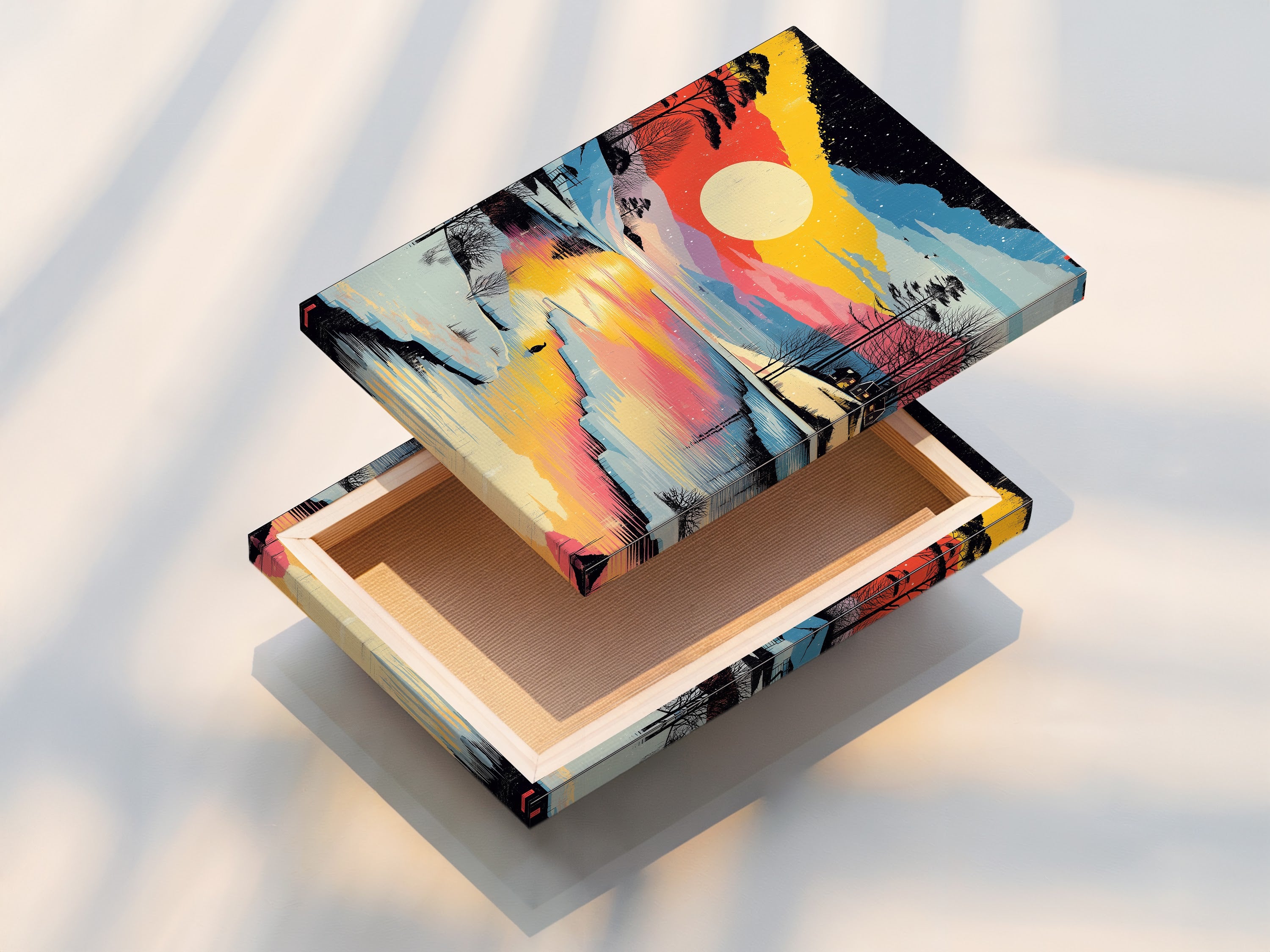 Stretched canvas print of the Winter Sunset Canvas Print. The artwork captures a colorful lake landscape. Snowy forest artwork provides a gallery feel. It's an excellent choice for home and office decor.