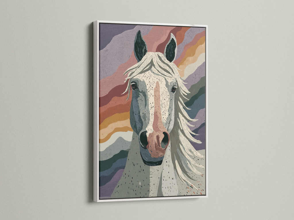 Colorful horse artwork in a white frame. This boho animal print brings a fresh and airy feel to any room. The bright white frame accentuates the vibrant colors of the equestrian canvas. Perfect for brightening up bedroom wall decor.