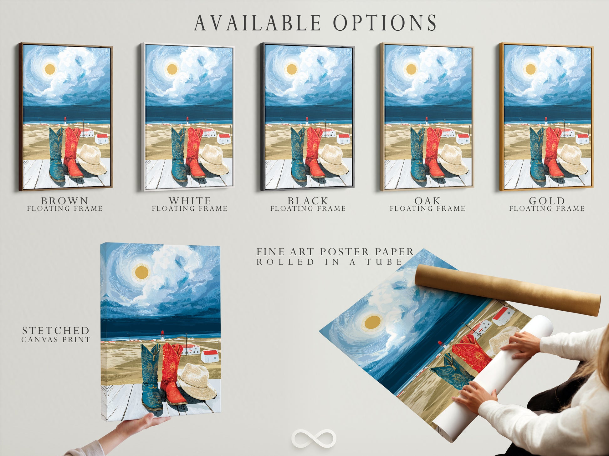 Available options for the Coastal Cowboy Boots artwork. Choose from a stretched canvas print. Opt for a fine art poster paper. Consider a floating frame to match your decor. Customize your artwork to suit your style.