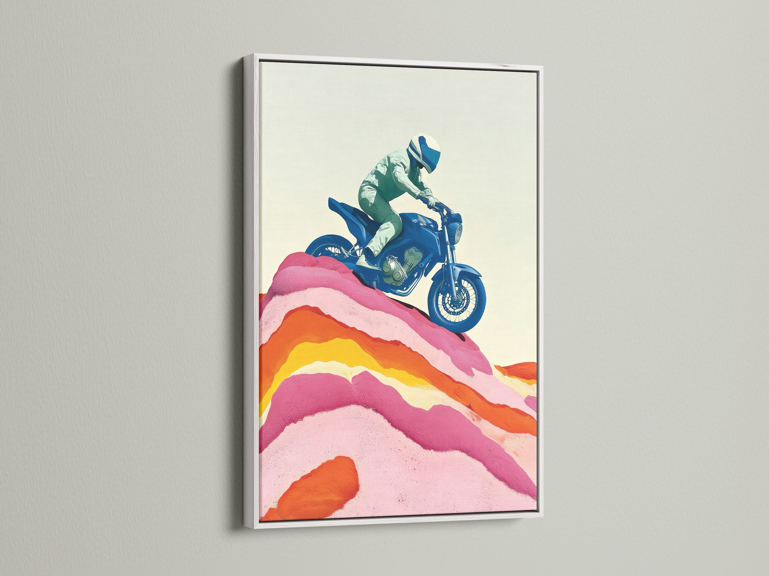 Vintage motorbike art in a clean white frame. This motorcycle art print adds a retro touch to any garage or man cave. The artwork features a blue motorcycle and pink accents. Perfect as a biker gift.