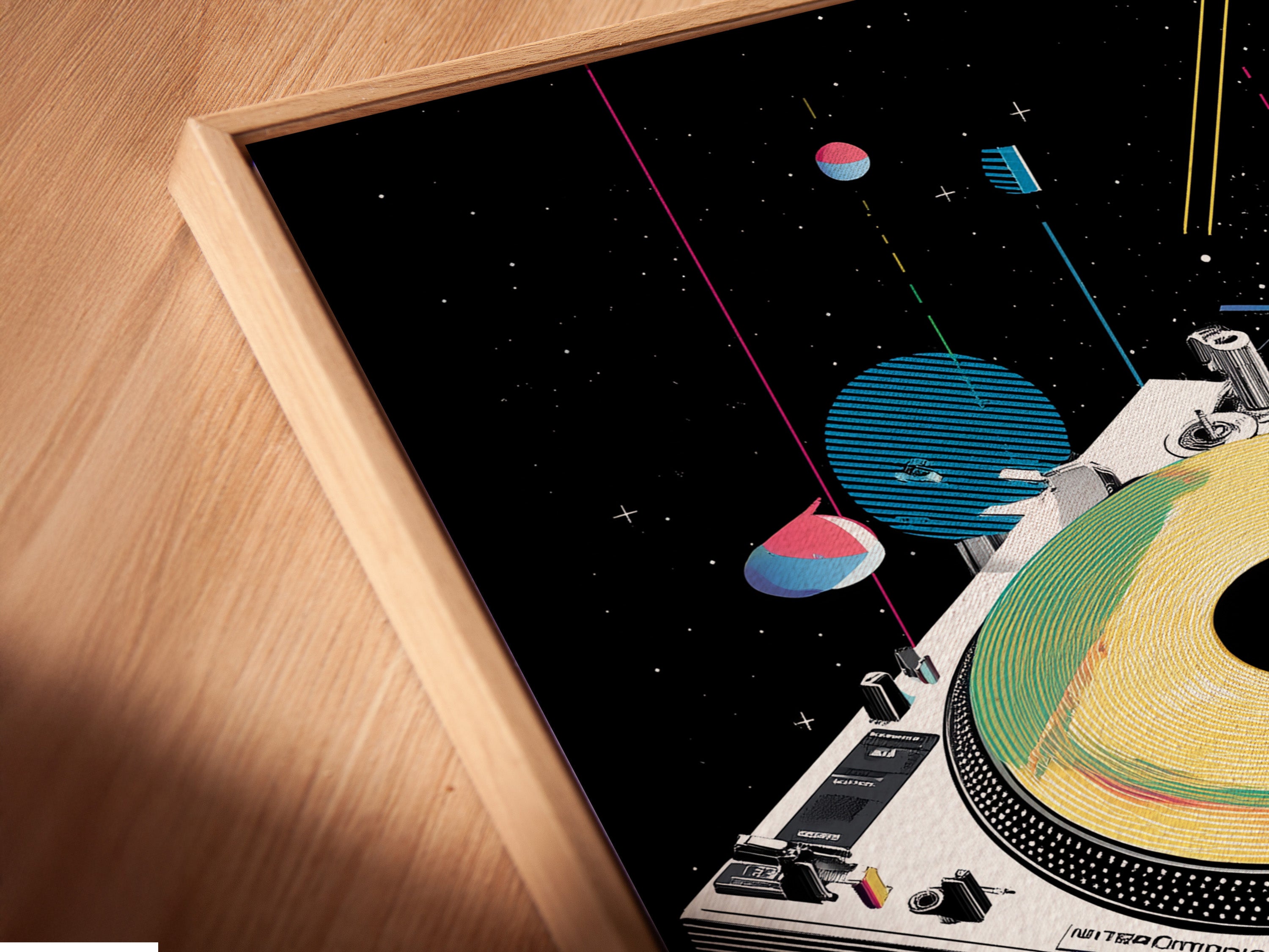 Angled close up of a retro turntable canvas print in a floating frame. The synthwave music wall art adds a vaporwave DJ decor touch. Enhance your studio or office space with this unique artwork.