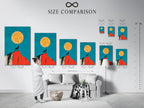 A size comparison chart is displayed in an interior setting. The Wolf Moon artwork is available in various sizes. This southwestern desert wall art fits any space. Choose the perfect dimensions for your home decor. Teal and orange colors enhance the visual appeal.