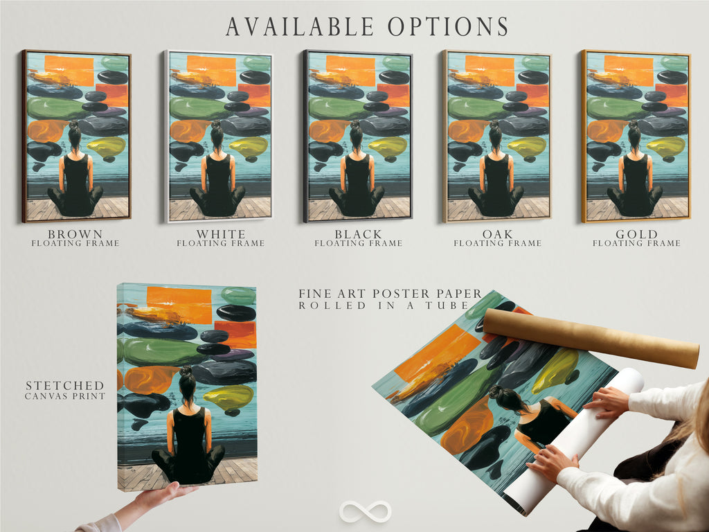 Available options are displayed for Zen Wall Art. Options include a stretched canvas print fine art poster and floating frame. The artwork features a woman meditating. Find the perfect option for your style.