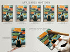 Available options are displayed for Zen Wall Art. Options include a stretched canvas print fine art poster and floating frame. The artwork features a woman meditating. Find the perfect option for your style.