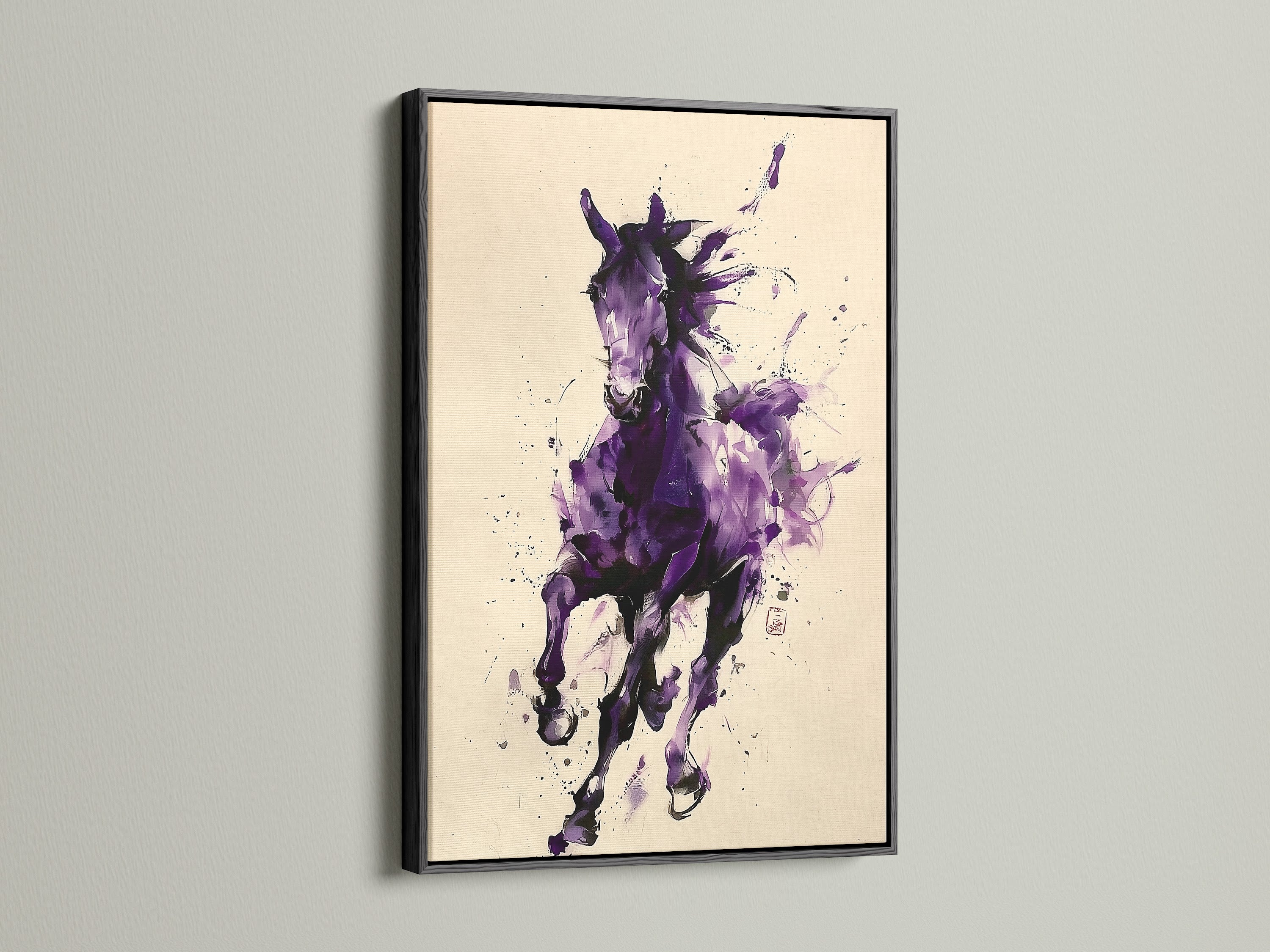 A black frame adds drama to this horse art print. The bold contrast makes a statement. Perfect for contemporary spaces. Elevate your art with a black frame.