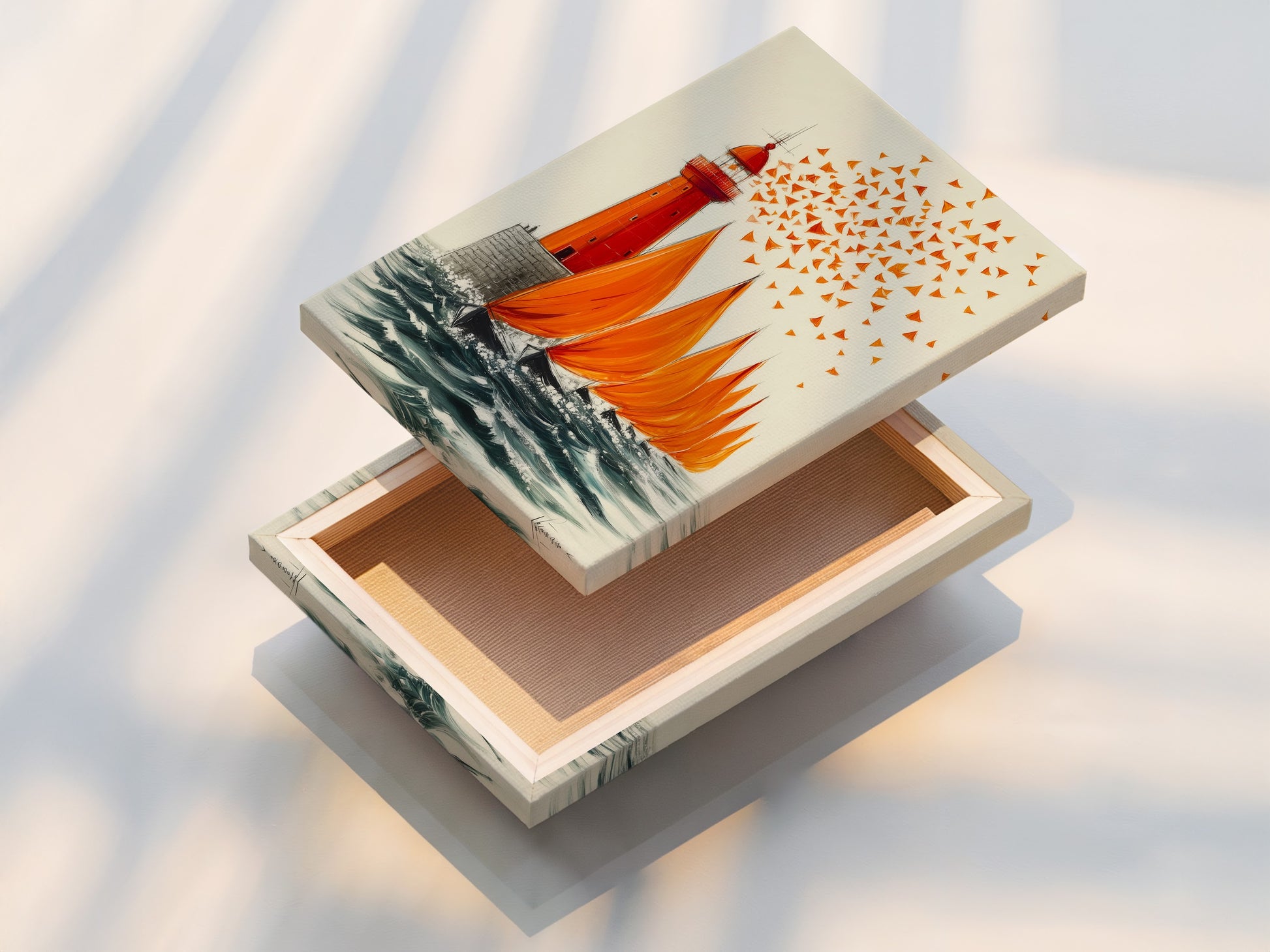 A stretched canvas print showcasing a coastal scene. The artwork features a lighthouse and sailboats. Ready to hang and enjoy in any room. This stretched canvas offers a gallery-quality look. Perfect for adding a touch of the ocean to your home decor.