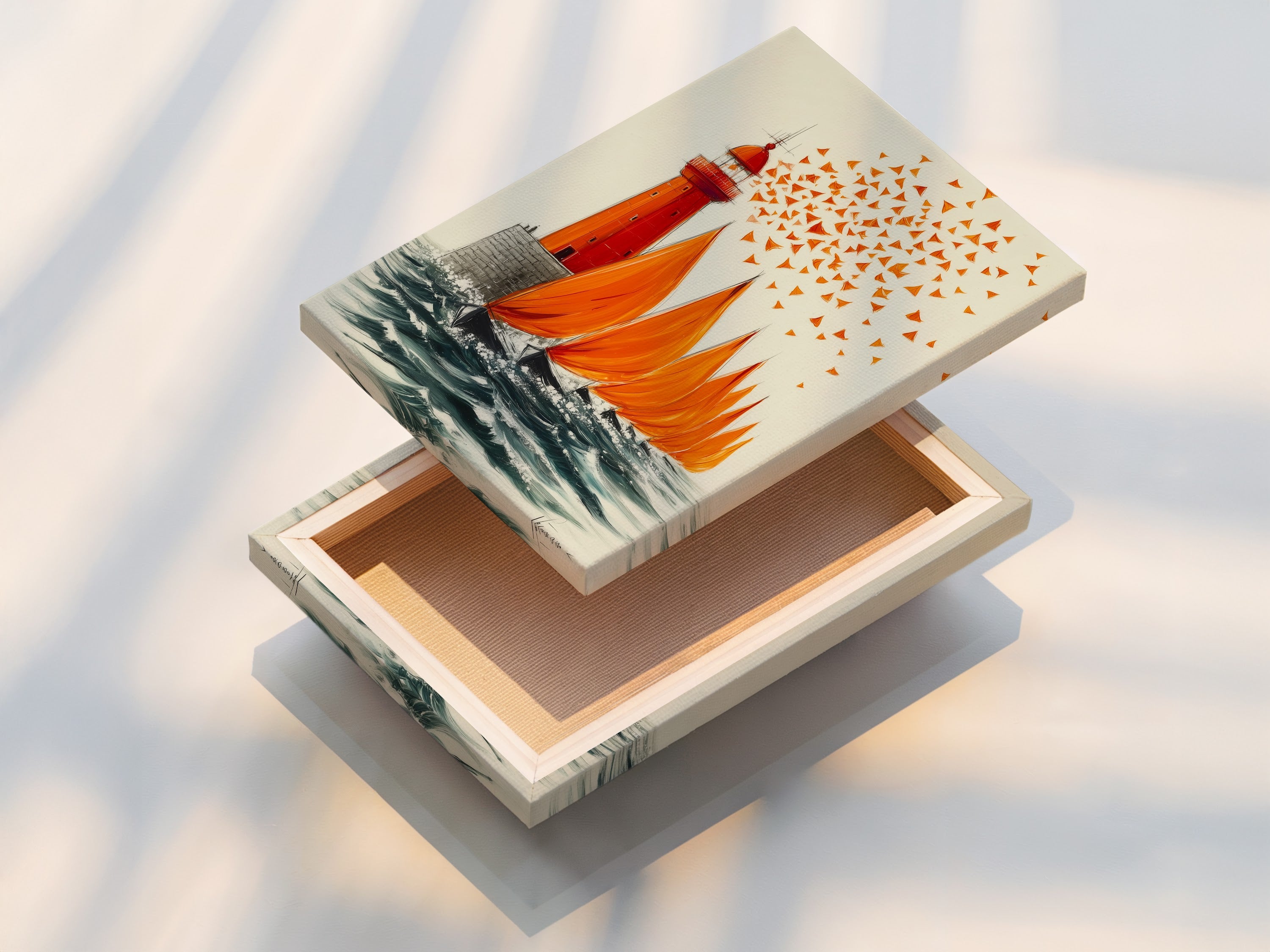 A stretched canvas print showcasing a coastal scene. The artwork features a lighthouse and sailboats. Ready to hang and enjoy in any room. This stretched canvas offers a gallery-quality look. Perfect for adding a touch of the ocean to your home decor.