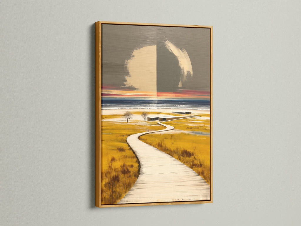 Coastal landscape canvas print in a luxurious gold frame. The boardwalk artwork adds a touch of elegance to any space. Ideal for creating a refined atmosphere in clinics or cafes. The gold frame enhances the artwork's warm coastal aesthetic.
