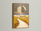 Coastal landscape canvas print in a luxurious gold frame. The boardwalk artwork adds a touch of elegance to any space. Ideal for creating a refined atmosphere in clinics or cafes. The gold frame enhances the artwork's warm coastal aesthetic.