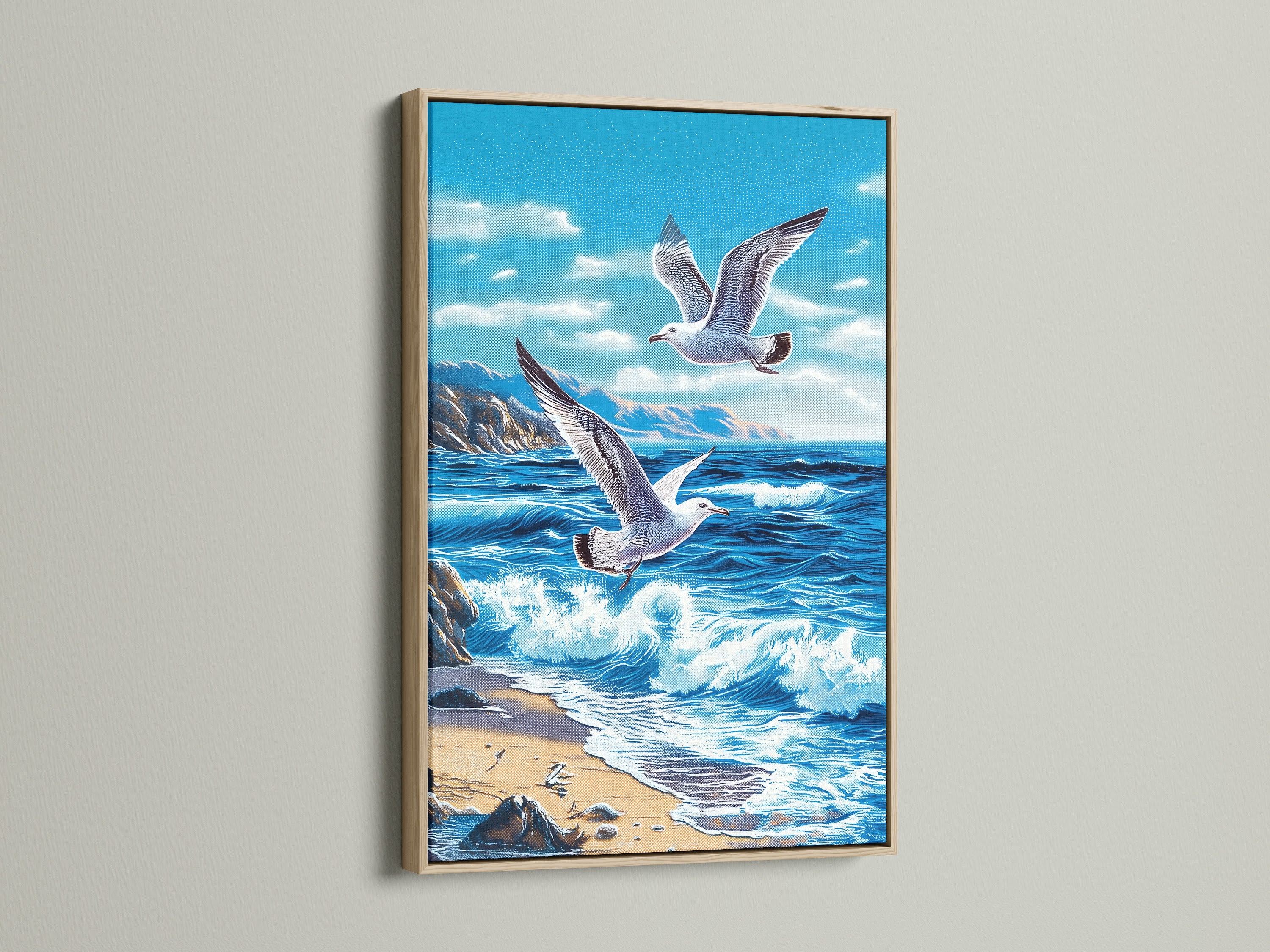 Oak frame artwork. The artwork features seagulls soaring above a captivating ocean landscape. The oak frame enhances the artwork's natural tones. It is a classic choice that complements a variety of interior styles providing a timeless look.