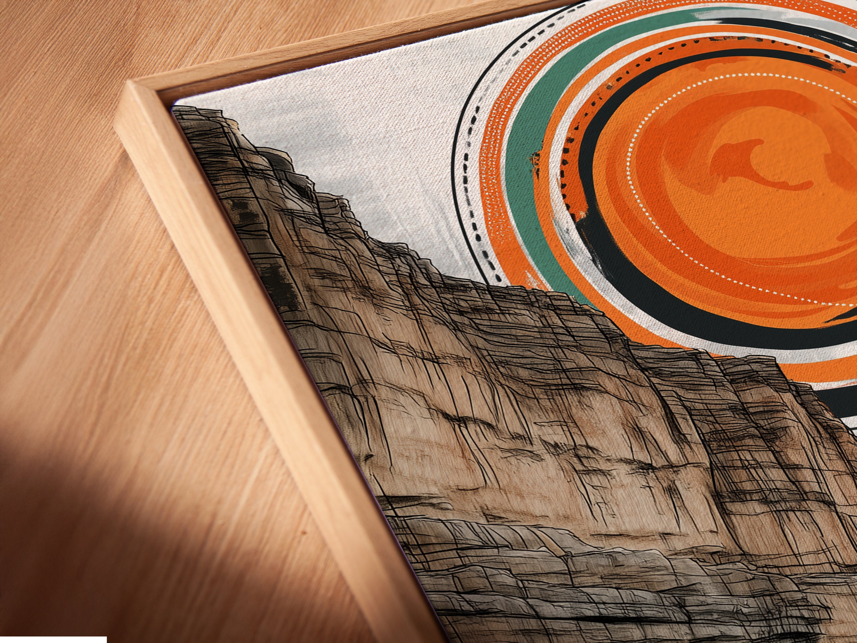 Close-up of a Canvas Print in Floating Frame. The floating frame gives this canyon art a gallery-like appearance. The earth tones and abstract elements create a modern feel. Transform your space with fine art.