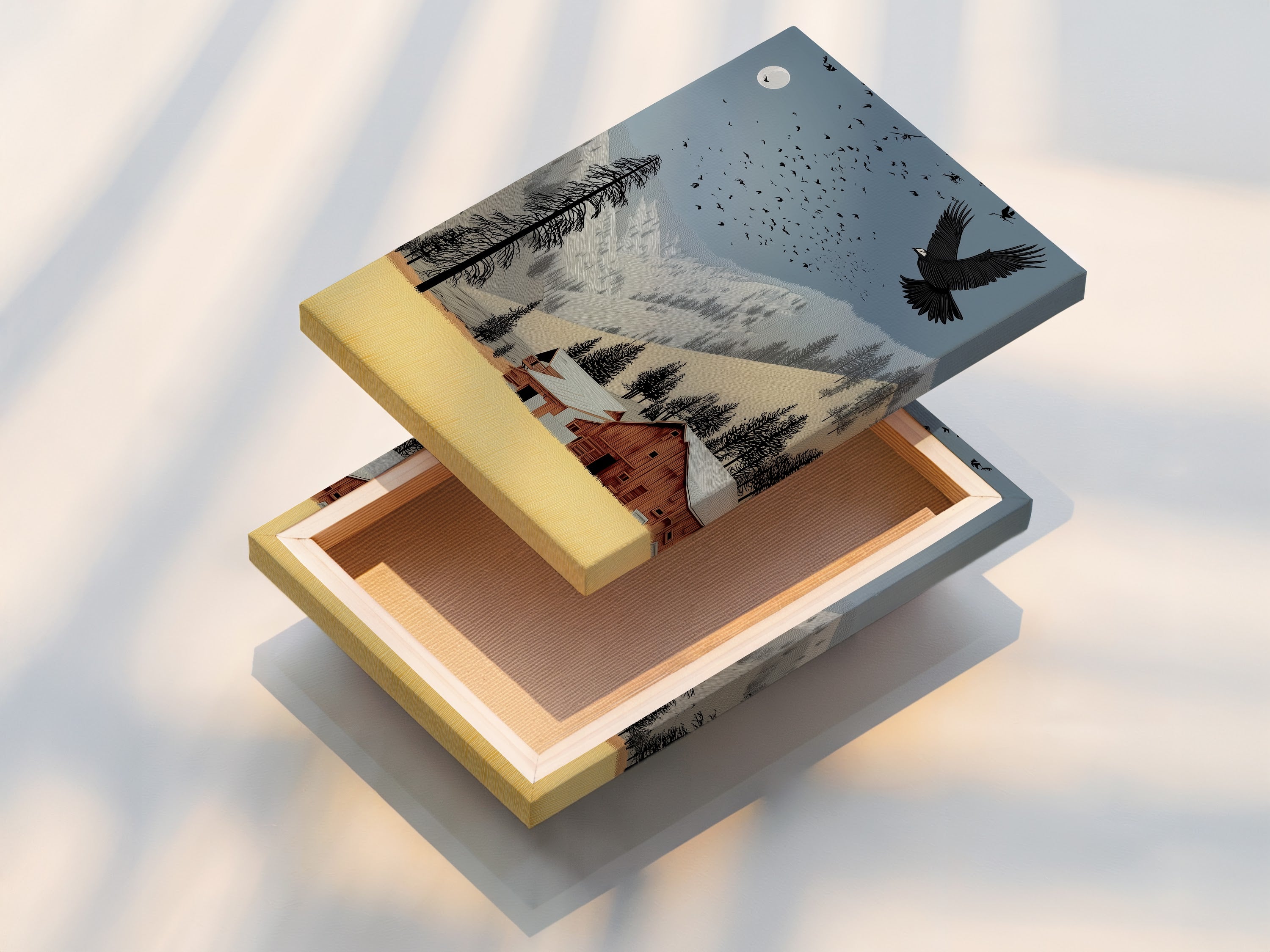 A stretched canvas print featuring an eagle over a barn. This rustic farmhouse artwork is ready to hang. This vintage landscape art adds a touch of country charm to any space. Perfect for enhancing living rooms bedrooms and cabin interiors with its rustic style.