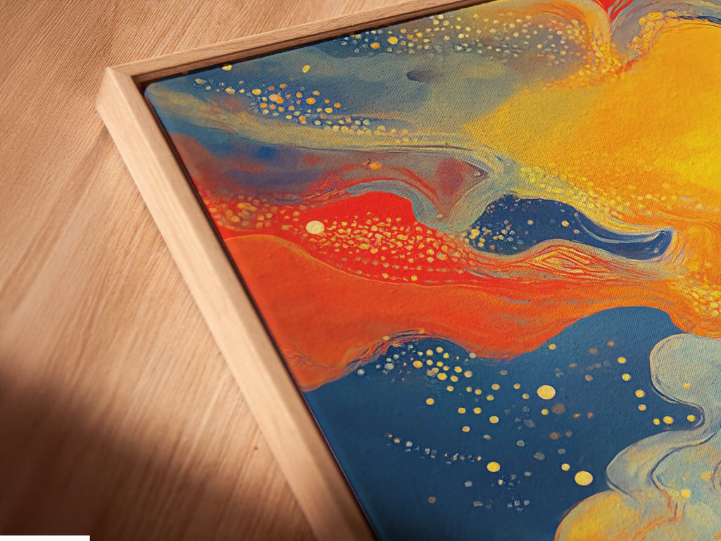 A close-up of a canvas print in a floating frame. The artwork features intricate geometric designs and vibrant colors. The floating frame enhances the modern aesthetic. This is a stylish addition to contemporary decor or eclectic styles in any home.