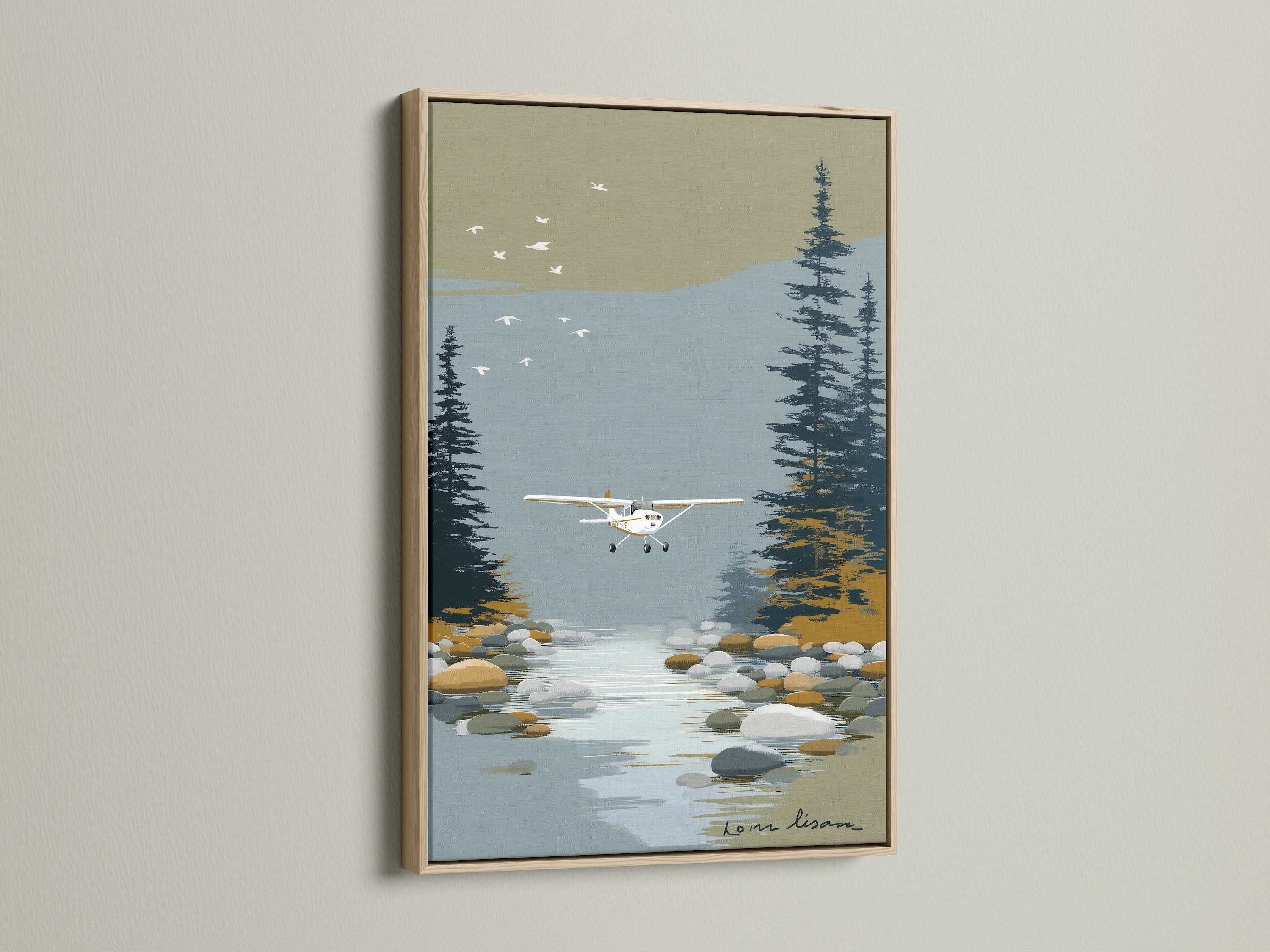 Seaplane Canvas Print in an oak frame. This aviation wall art adds a rustic touch to any room. Ideal for living rooms bedrooms or offices. Explore our vintage airplane poster selection. Elevate your lake house decor today.