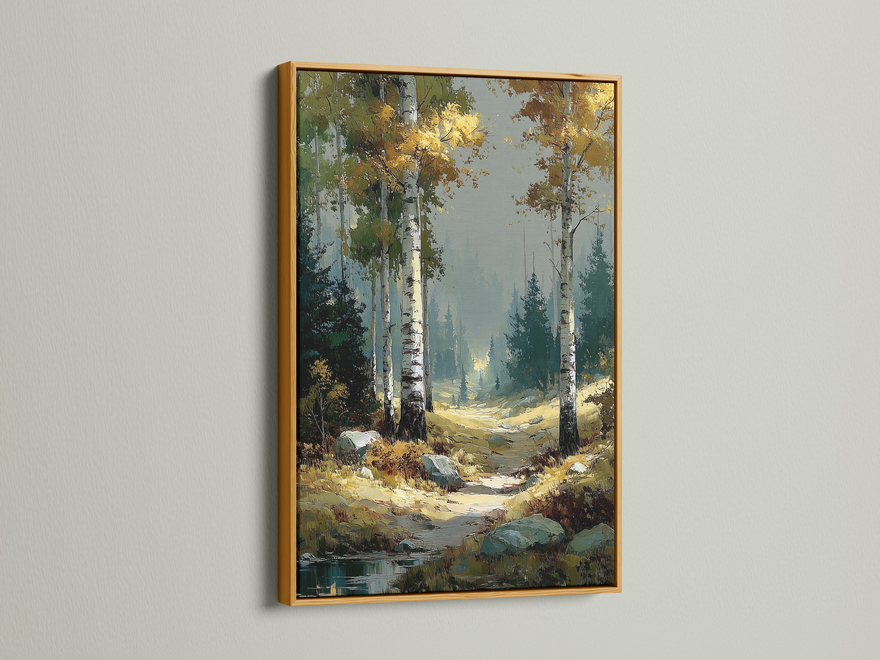 Birch Forest nature artwork with a gold frame. This autumn landscape brings warmth to your home. The birch trees and woodland decor create a cozy atmosphere. This forest wall art captures a serene nature trail. Enhance your space with this elegant landscape artwork. It is perfect for rustic decor.
