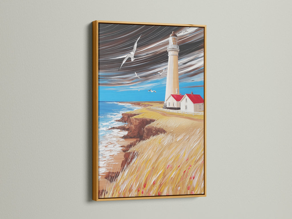 Elevate your space with a gold-framed lighthouse art print. This coastal canvas adds a luxurious nautical feel. Seascape painting complements beach house decor. Bring the ocean indoors.