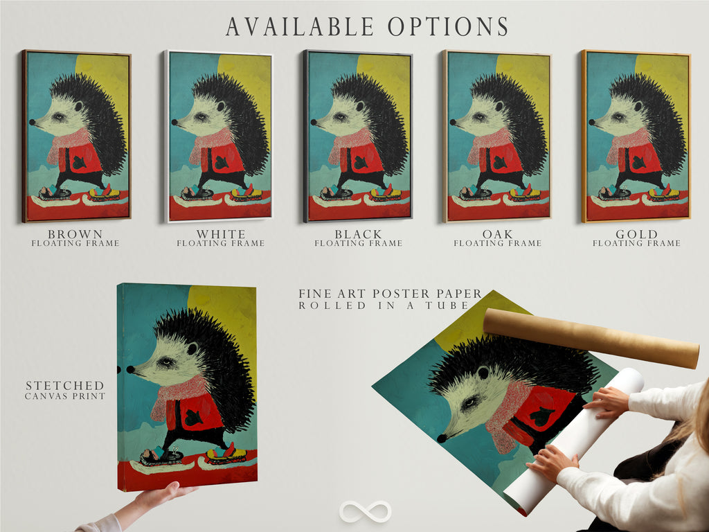 Explore available options for this artwork. Choose from a stretched canvas print or fine art poster paper. Consider a floating frame for a polished look. The hedgehog art is a whimsical animal canvas wall art. It is perfect for nursery decor.