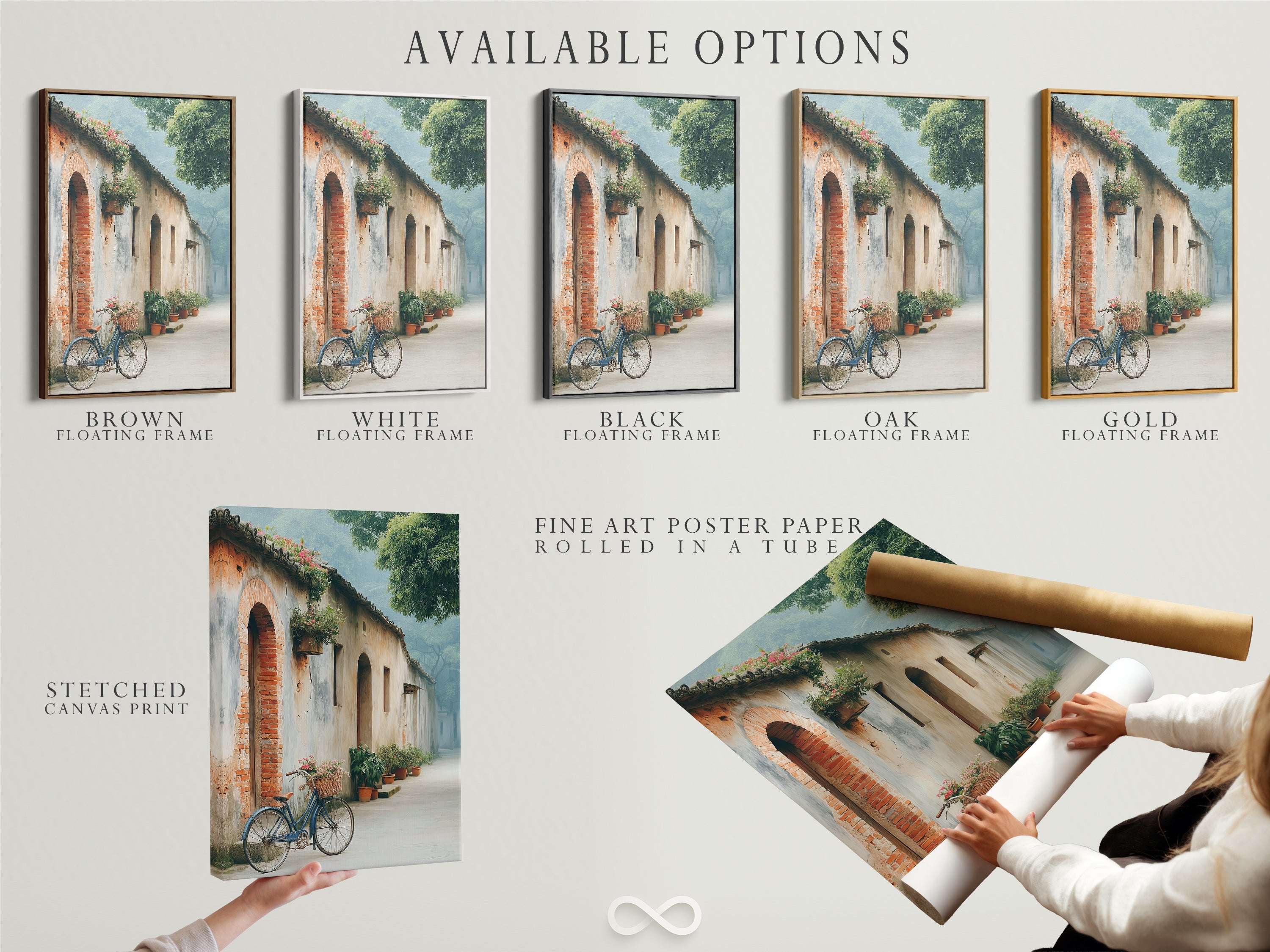 Available options for vintage bicycle artwork. Choose from stretched canvas prints. Fine art poster paper is also available. You can also choose a floating frame. Perfect for adding rustic European street art to your home. A great art print!