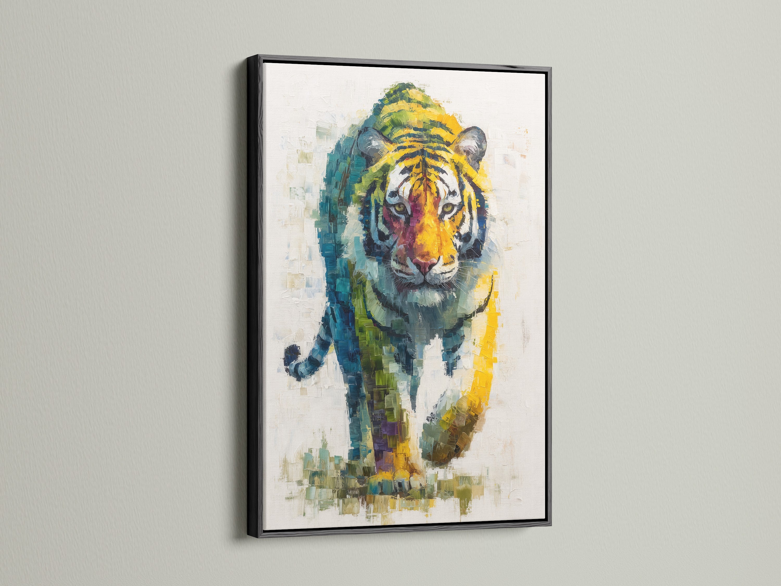 Tiger Wall Art in a black frame. The black frame creates a dramatic contrast. This modern animal artwork is great for contemporary spaces. A colorful tiger art print to elevate your wall decor.