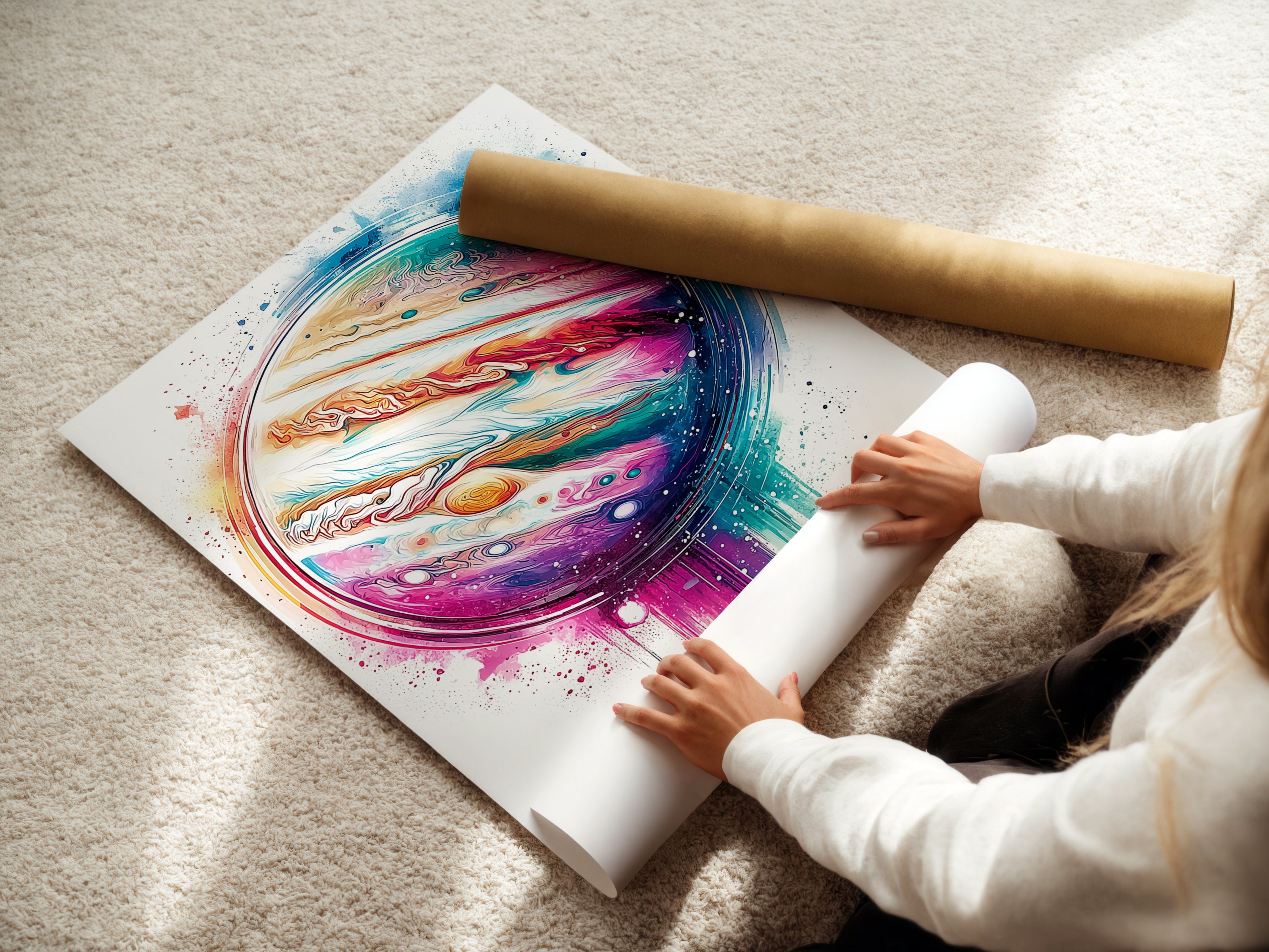 Woman rolling a fine art poster paper of Jupiter Abstract Canvas Print. This modern celestial artwork is great as a gift. The colorful planet wall art is perfect cosmic decor. Available as fine art poster paper.