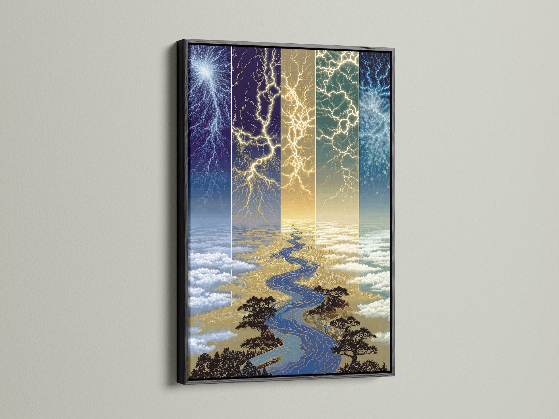 See the Lightning River artwork in a black frame. The black frame adds contrast and sophistication to the celestial wall art. This piece is great for office art prints studios and lobbies. Explore nature artwork today.