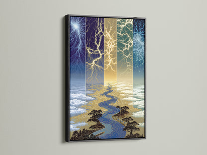 See the Lightning River artwork in a black frame. The black frame adds contrast and sophistication to the celestial wall art. This piece is great for office art prints studios and lobbies. Explore nature artwork today.