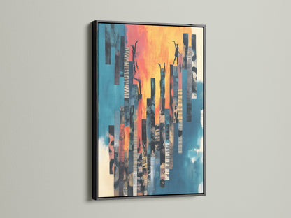 Abstract figure artwork with a black frame. Modern musical canvas art with teal blue and orange tones. Ideal for studio decor and contemporary homes. The black frame provides a sleek look. Enhance your space with inspiring art. This artwork makes a bold statement. A perfect piece for music themed spaces.