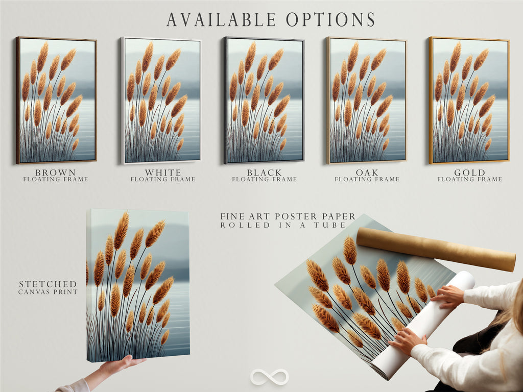 Available options are presented including stretched canvas prints fine art poster paper and floating frames. This allows customers to customize their pampas grass artwork. Find the perfect style for your neutral beige wall decor.