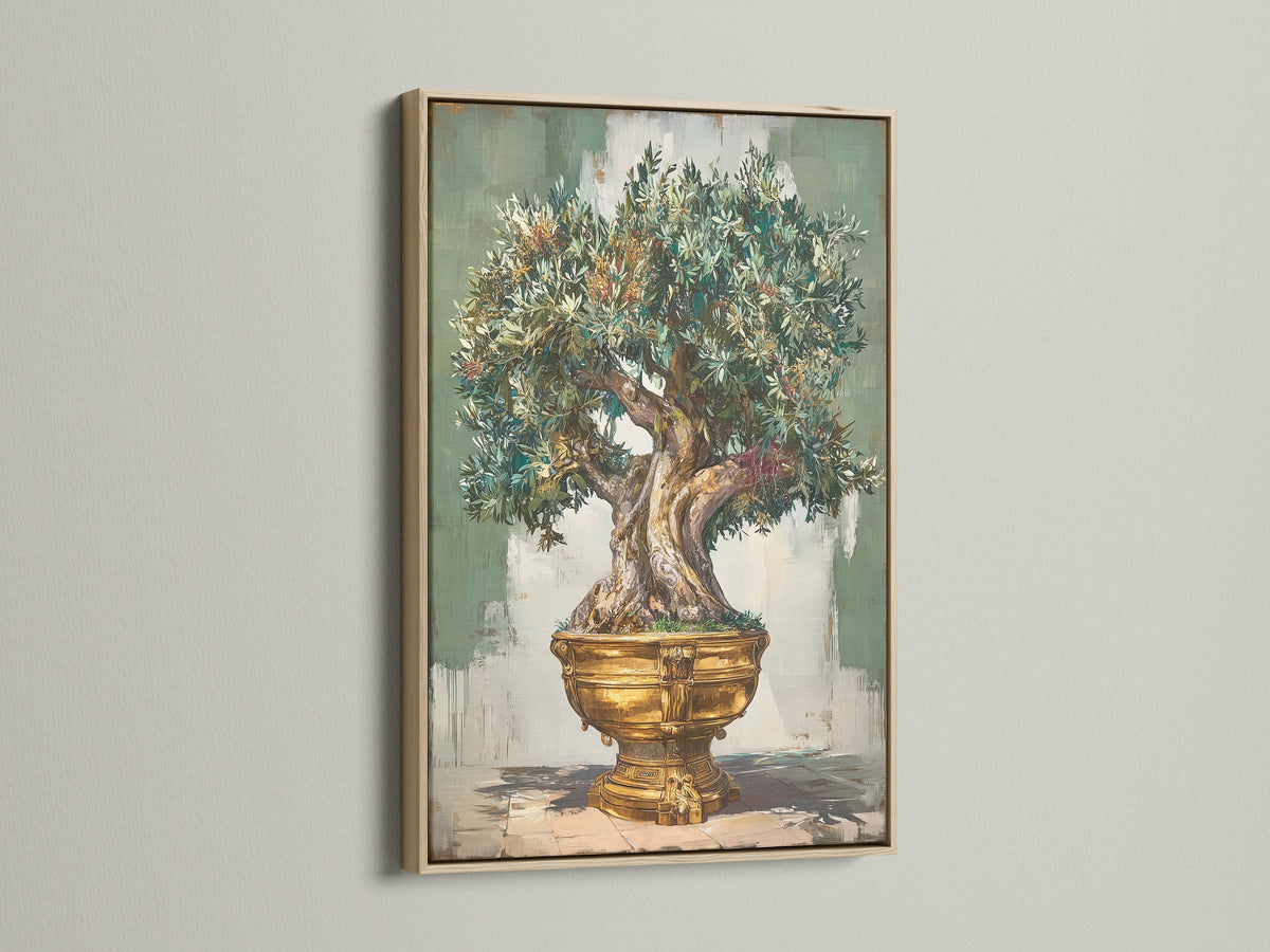 Olive tree botanical canvas in gold pot with sage wall tone
