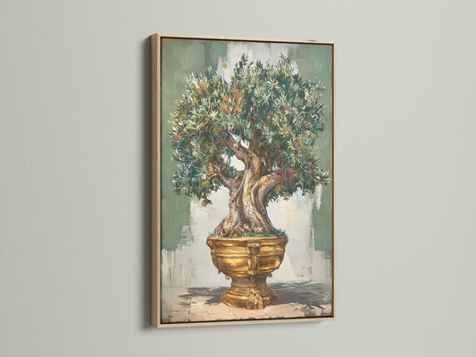 Artwork in an oak frame is displayed. The art piece features a tree in a pot. The oak frame enhances the art's natural tones. This frame provides a classic touch to any room. Elevate your artwork with our oak frames.