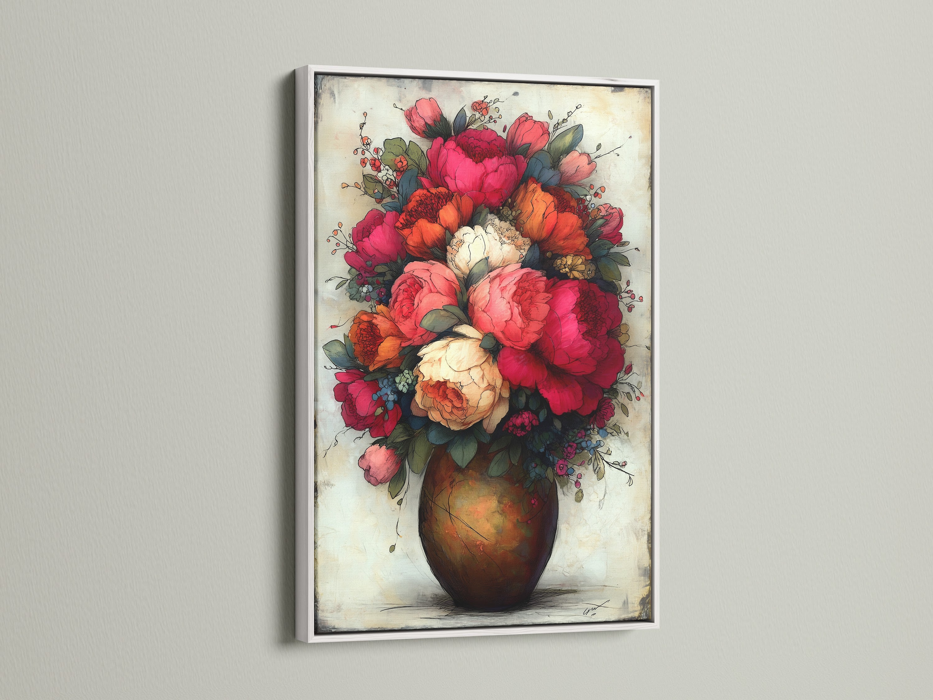 Floral bouquet art print with red peonies in a vintage botanical artwork style. The art is displayed in a white frame. Ideal flower artwork for living room wall art and bedroom wall decor. Explore our selection of floral home decor today.