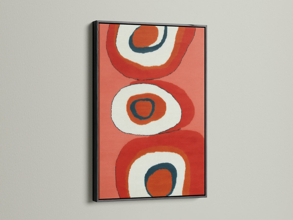 Add a touch of sophistication to your space with this abstract canvas. The black frame beautifully complements the retro orange geometric artwork. This piece is perfect for a minimalist or eclectic style. Ideal for renters and business owners.