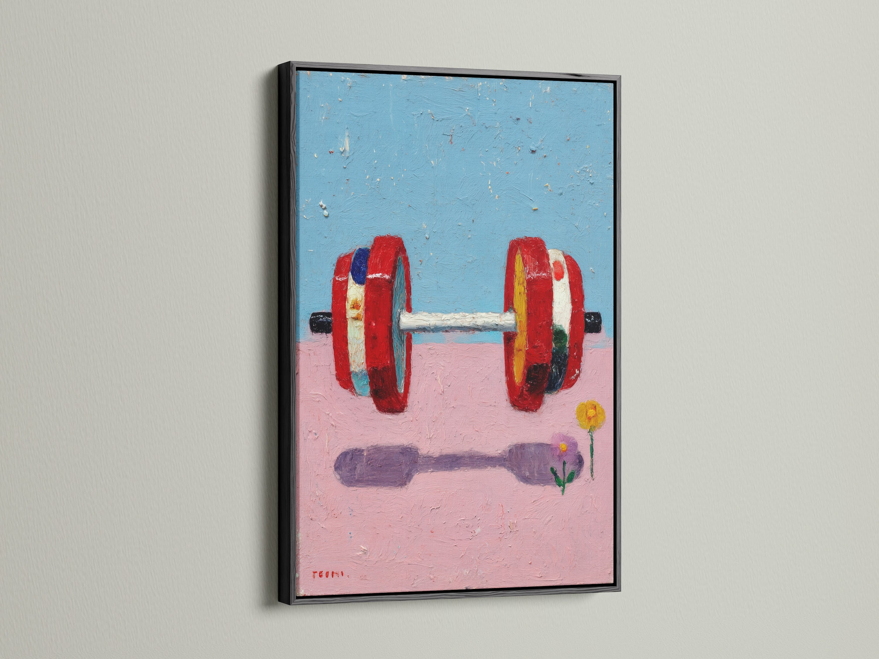 A striking fitness art print featuring a dumbbell. It is showcased in a sleek black frame. This gym artwork adds a contemporary touch to your home gym or fitness studio. The abstract design features pink and blue hues. It is perfect for adding motivation and style to your workout space.
