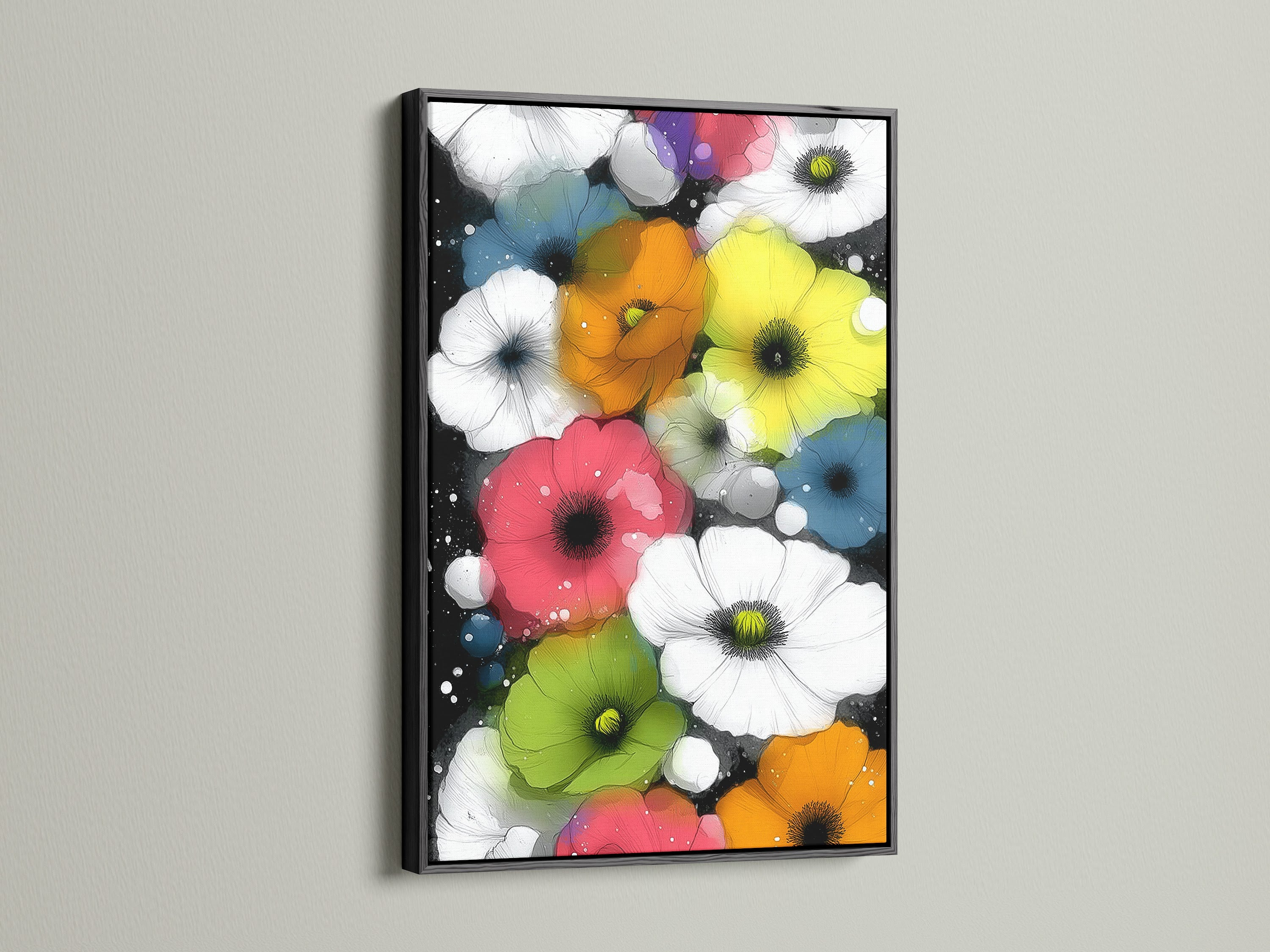 This modern floral artwork is in a sleek black frame. The contrast enhances the vibrant colors of the poppies. This piece is perfect for contemporary art lovers. The black frame adds a touch of elegance. This floral canvas print is ideal for bedroom wall decor and living room wall art.