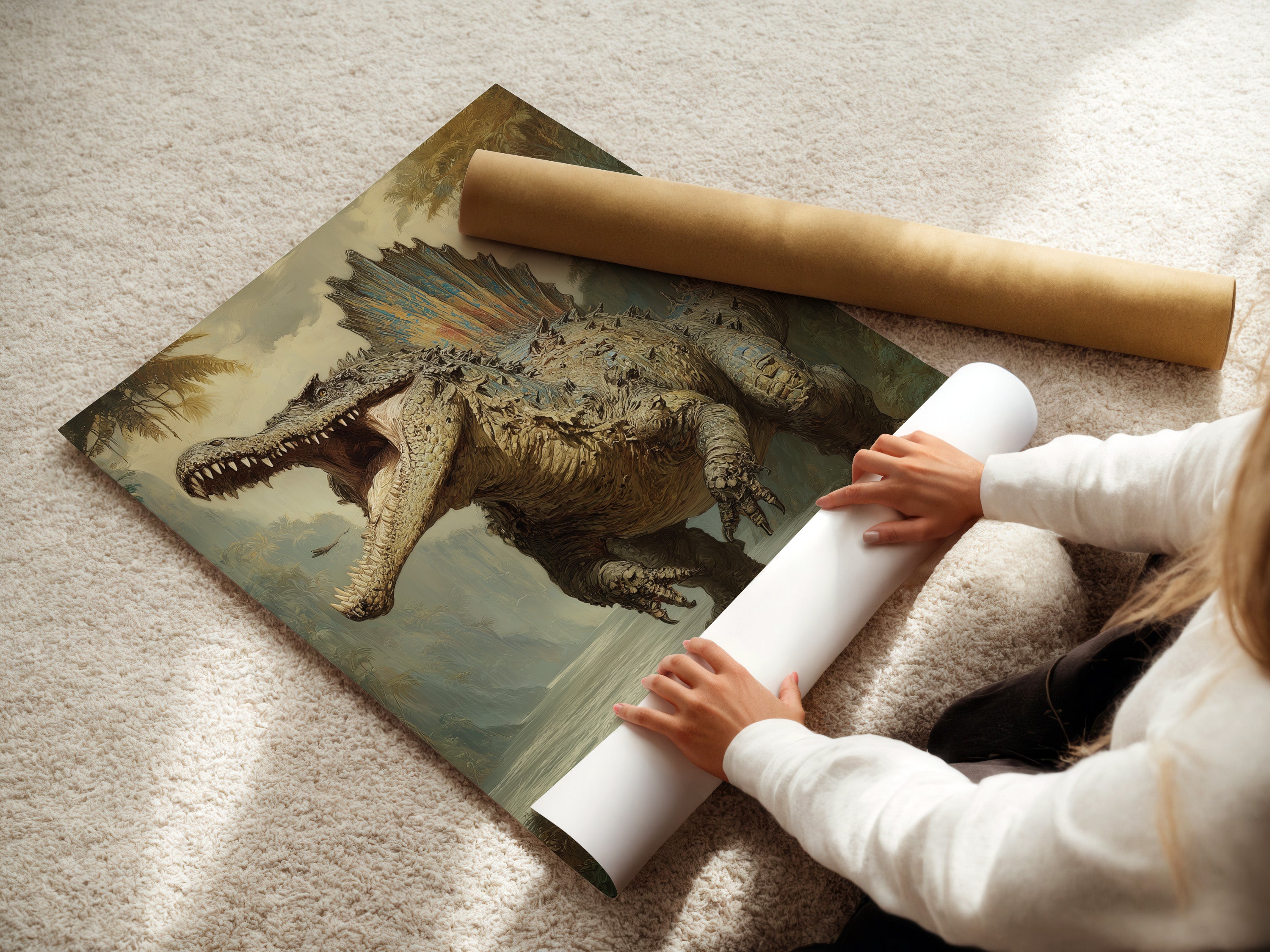 Woman rolling a fine art poster paper. The poster features a large dinosaur roaring in a prehistoric landscape. The paper is of high quality. This ensures the artwork looks vibrant and detailed. Perfect for art enthusiasts who appreciate quality.