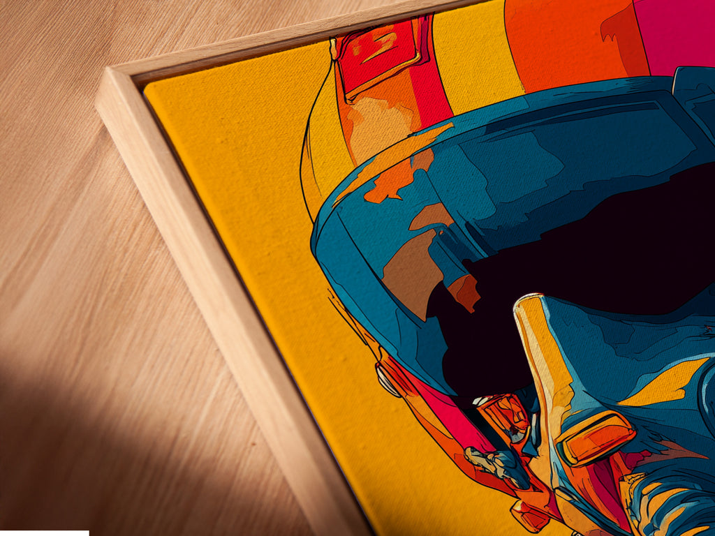 A close-up angled view of a canvas print in a floating frame. The art features a pilot with a helmet and mask. The floating frame enhances the artwork. It gives a contemporary gallery-like look.