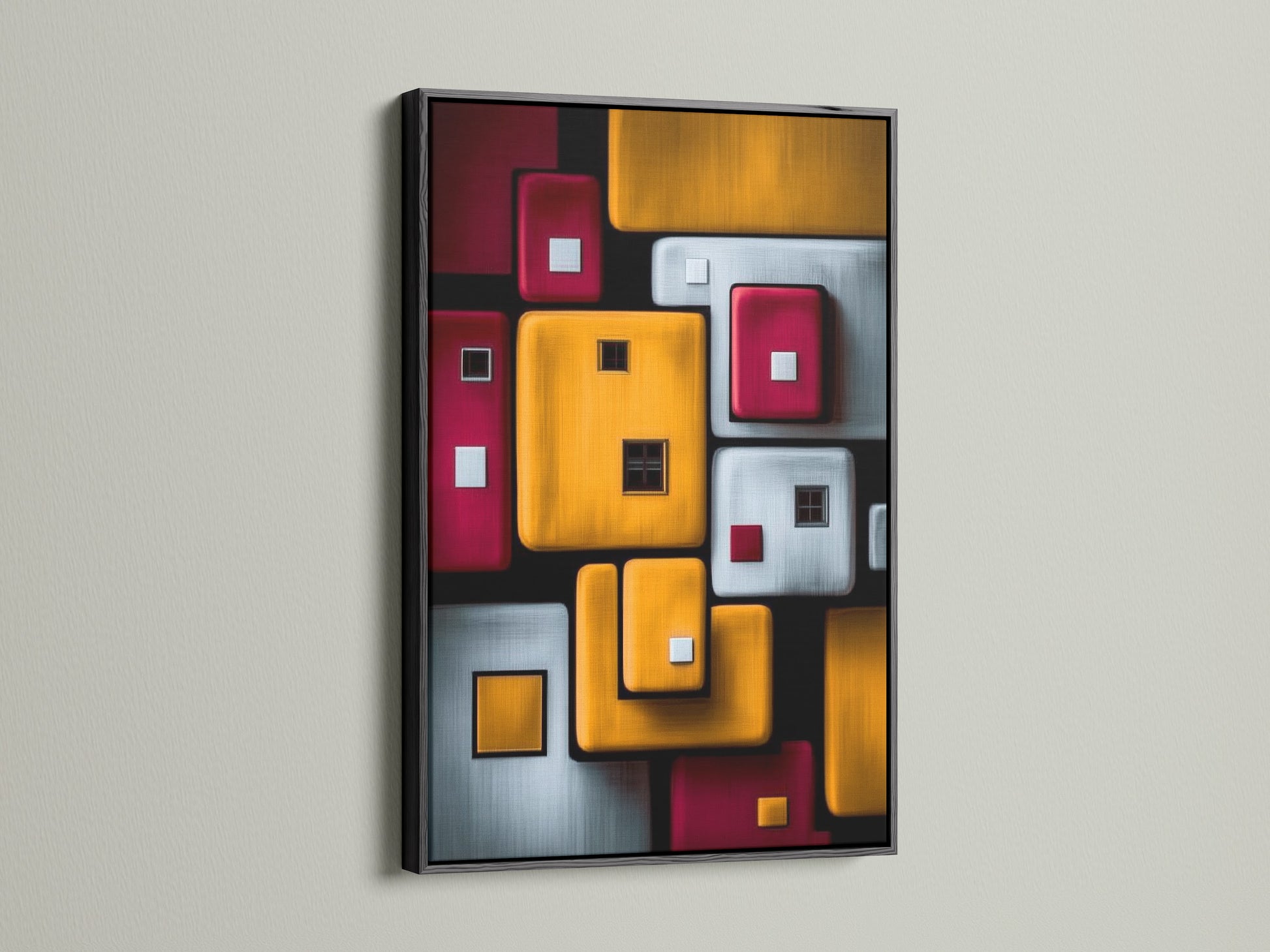 A bold black frame highlights this geometric abstraction canvas print. It's a contemporary artwork featuring striking squares. Add a modern touch to your wall decor with this abstract print. Ideal for eclectic and minimalist interiors.