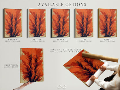 Explore available options for abstract tree prints. Choose from stretched canvas fine art poster paper or floating frame options. Customize your burnt orange artwork to match your decor. Enhance your study with modern botanical wall art.