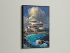 Futuristic Architecture art displayed in a black frame. This modern canvas art brings a sci-fi touch to any room. It's an excellent piece for contemporary art lovers. Consider this for your office wall decor or as a unique addition to your home.