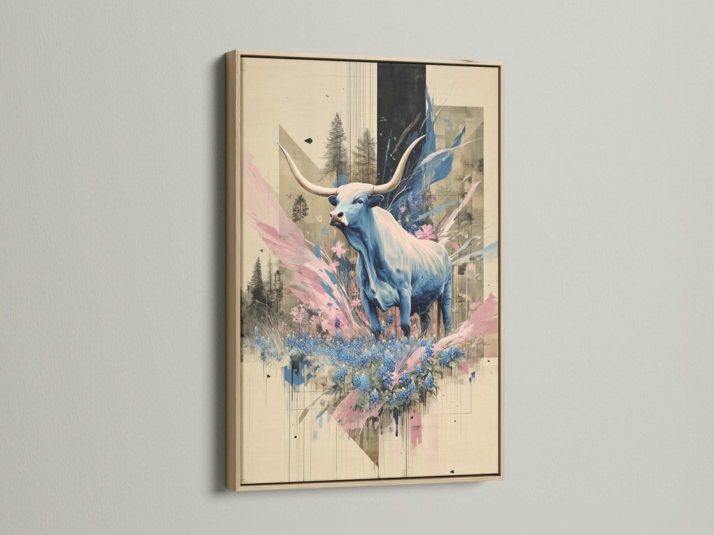 Framed bull art print with an oak frame. Displaying contemporary animal canvas art with abstract wildlife elements. The blue hues add a modern touch to this wall decor. Ideal for living rooms or bedrooms. This piece of animal artwork complements rustic and eclectic styles.