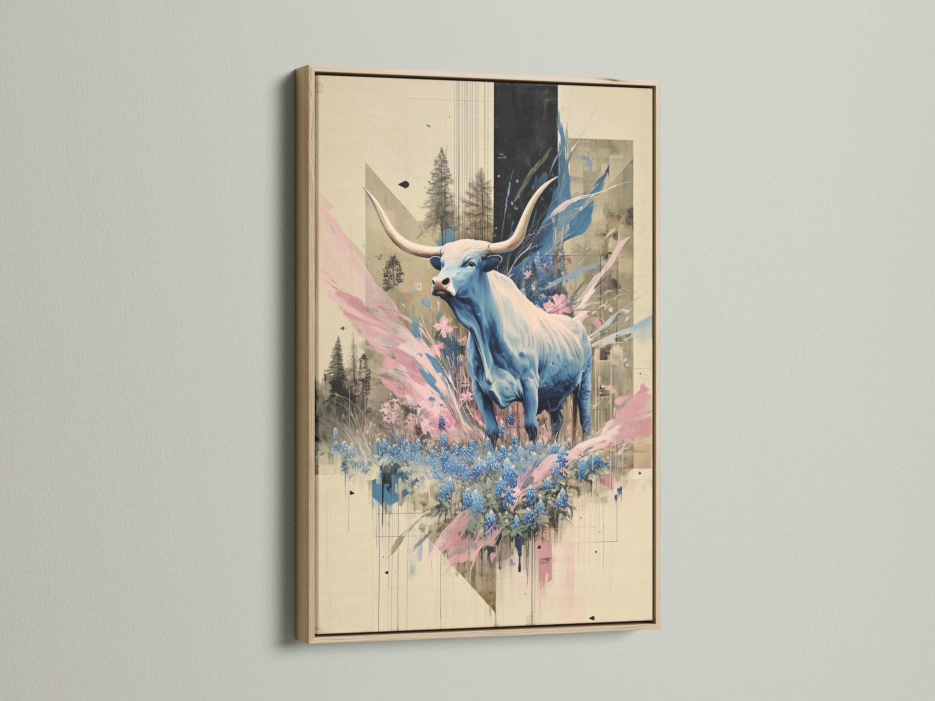 Framed bull art print with an oak frame. Displaying contemporary animal canvas art with abstract wildlife elements. The blue hues add a modern touch to this wall decor. Ideal for living rooms or bedrooms. This piece of animal artwork complements rustic and eclectic styles.