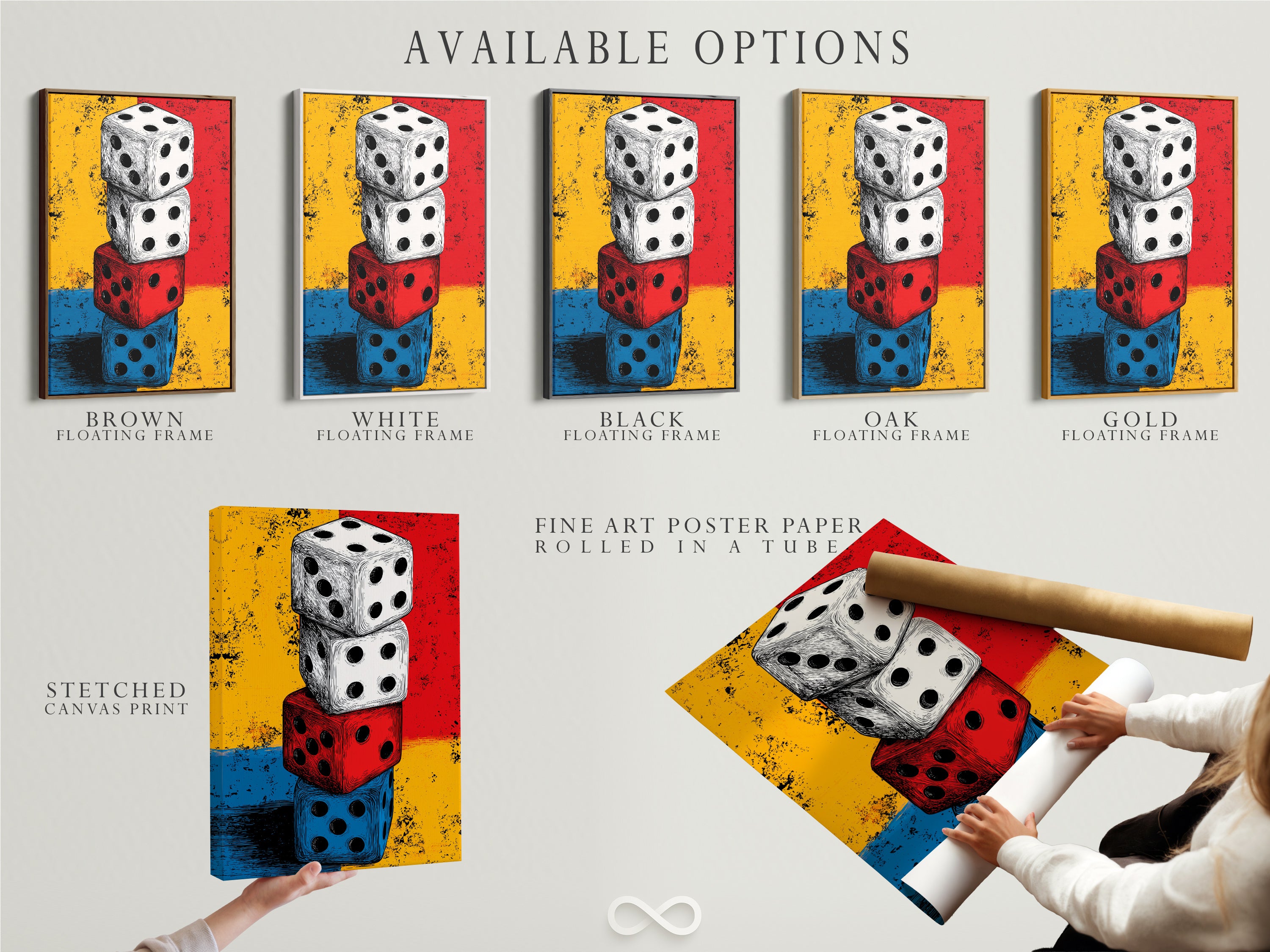 Available options for the Vintage Dice artwork. Choose from a stretched canvas print fine art poster paper or floating frame. Perfect for man caves and gaming rooms. Get your retro gaming wall art today