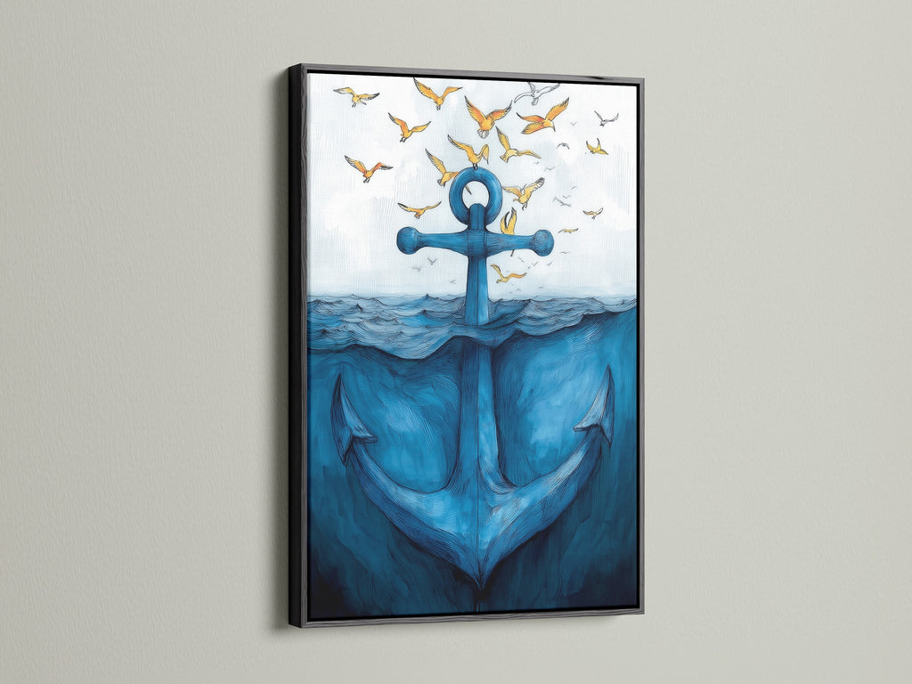 This anchor art is framed in black. The sea life prints create a striking contrast. Coastal birds artwork brings a touch of the ocean to your space. Ideal for bathroom wall decor. It's a sophisticated choice for nautical artwork and a ocean lover gift.