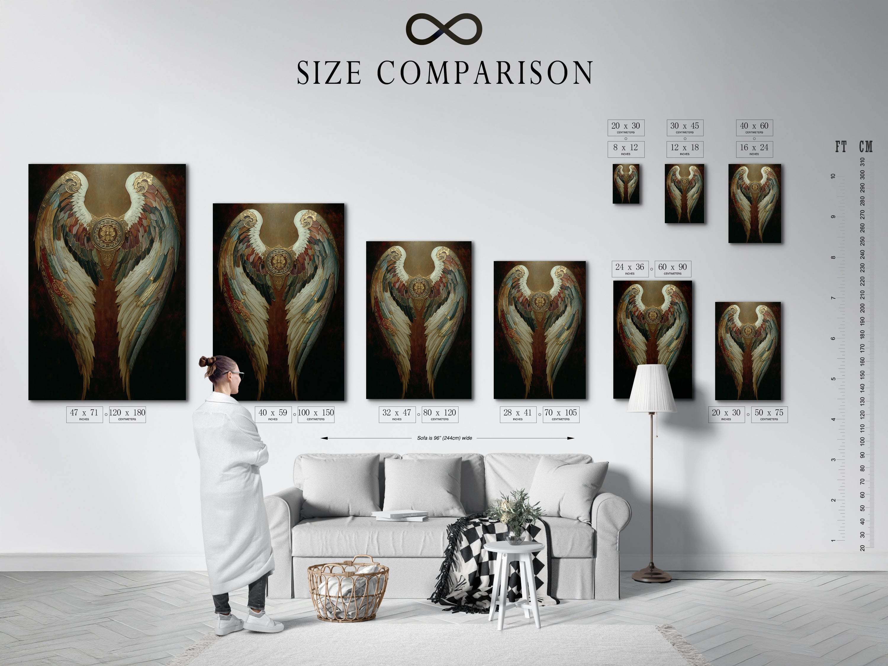 Size comparison chart displayed in an interior setting featuring angel wings art. Gothic decor with vintage style for spiritual homes. Bedroom or living room artwork with ornate angel wings. Dark academia aesthetics enhanced by feather art. Mythical art adds uniqueness to your space.