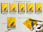 Available options for surfing artwork: stretched canvas print fine art poster paper and floating frame. The artwork features a surfer against a yellow sunset. Choose the perfect format to enhance your coastal decor and bring the ocean theme to your space.