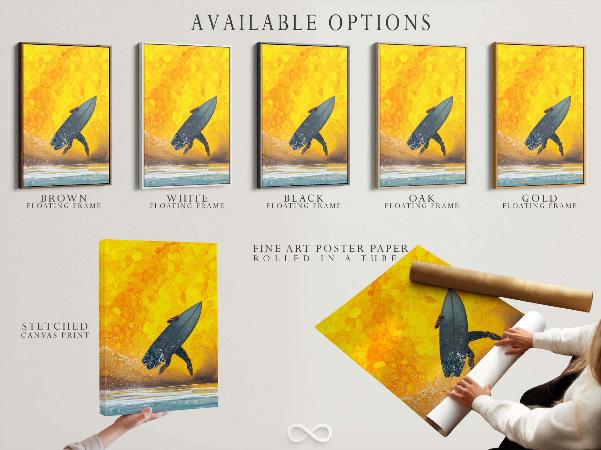 Available options for surfing artwork: stretched canvas print fine art poster paper and floating frame. The artwork features a surfer against a yellow sunset. Choose the perfect format to enhance your coastal decor and bring the ocean theme to your space.