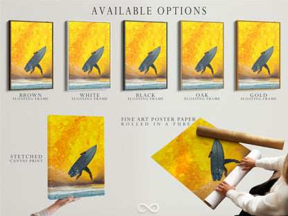 Available options for surfing artwork: stretched canvas print fine art poster paper and floating frame. The artwork features a surfer against a yellow sunset. Choose the perfect format to enhance your coastal decor and bring the ocean theme to your space.