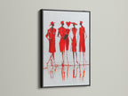 Red Fashion Sketch Art displayed in a black frame. The contemporary figure drawing is a canvas print. This modern fashion wall art is a striking addition to modern home decor settings.