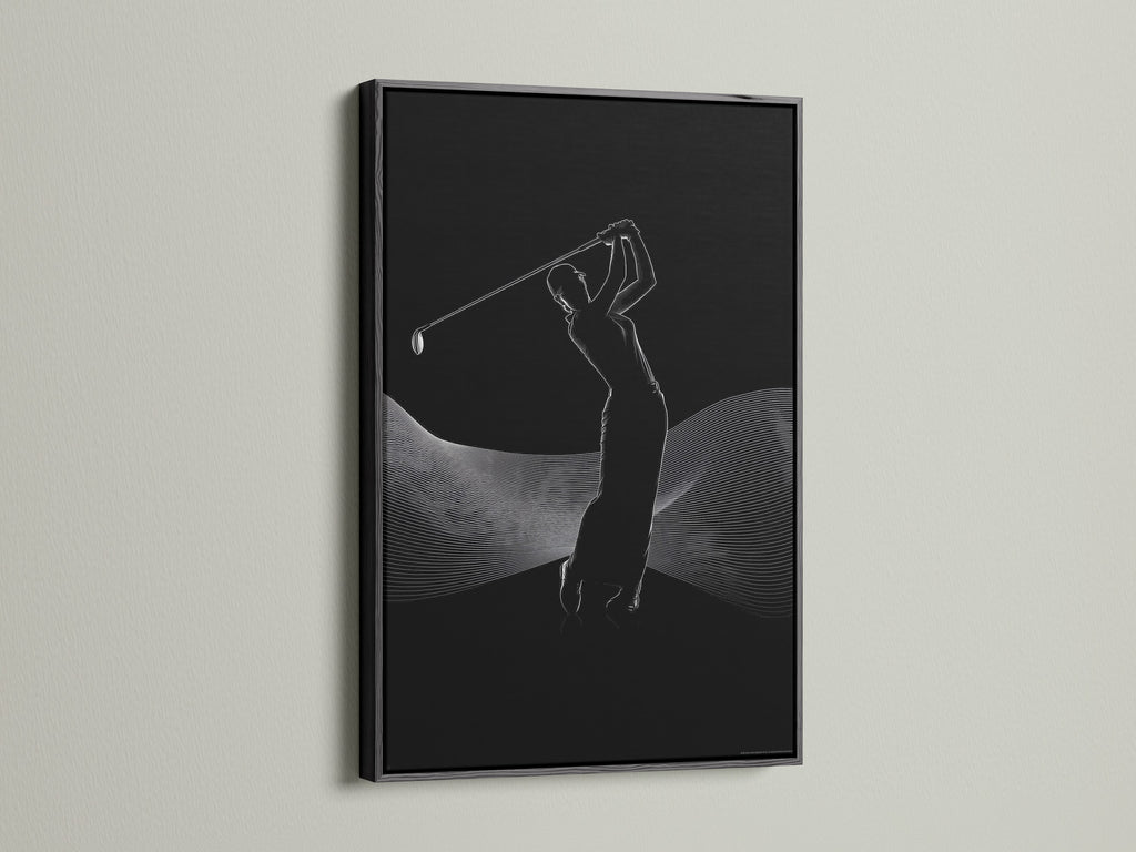 A striking black frame encases this golfer silhouette art print. The black and white golf art adds a touch of sophistication to any room. This sports canvas print is perfect for modern sports decor in an office or home.