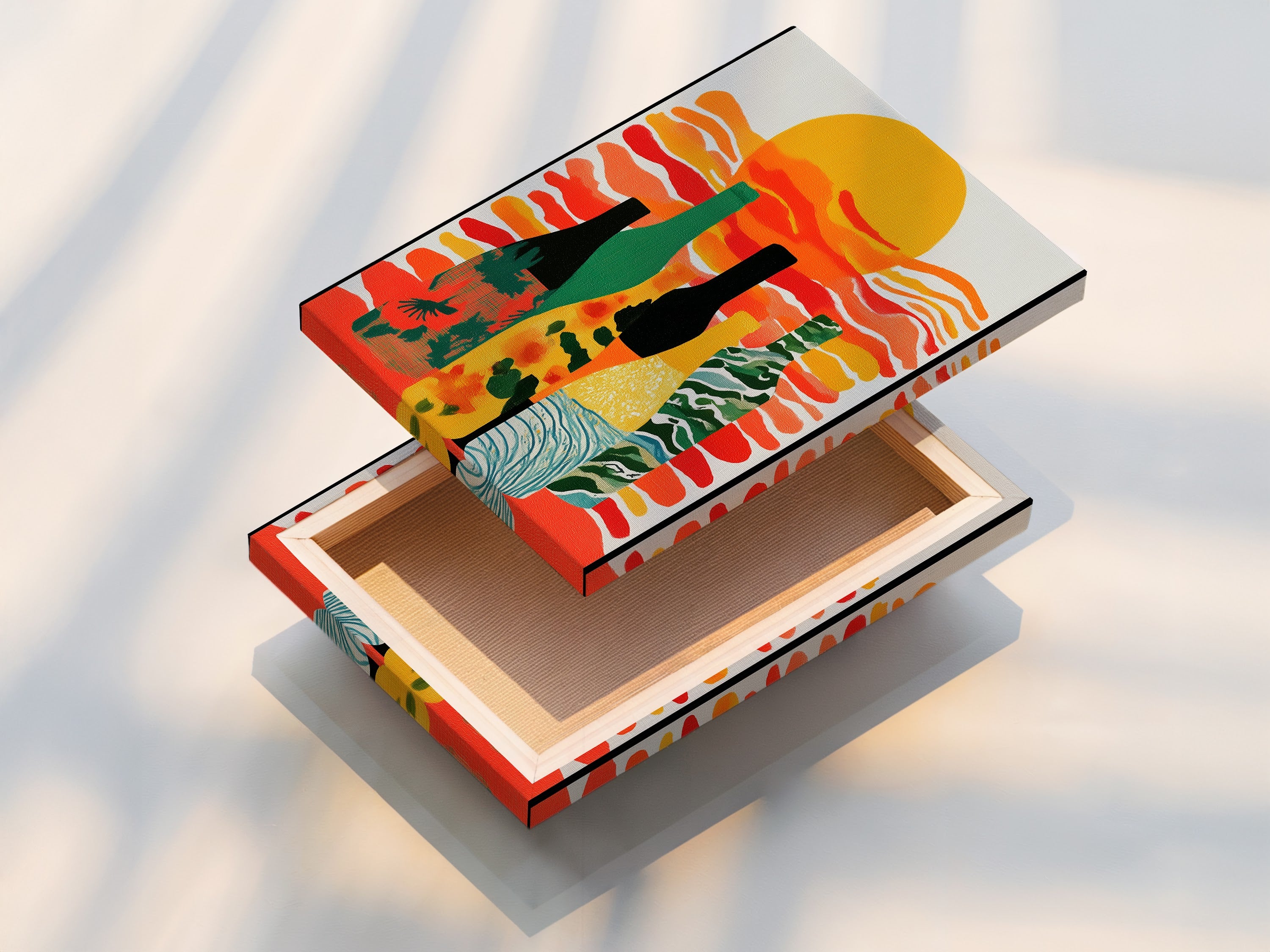 A stretched canvas print showcases a modern abstract wine bottle artwork. This contemporary piece is perfect for kitchens dining rooms and bars. The vibrant and colorful artwork is a great addition.